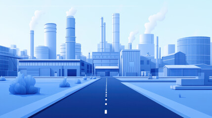 Obraz premium Laissez-Faire Capitalism. A stylized, blue-toned illustration of an industrial landscape featuring factories, smokestacks, and a road, conveying a modern manufacturing environment.