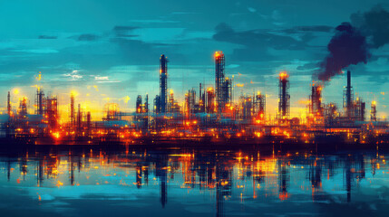 Naklejka premium Laissez-Faire Capitalism. A vibrant industrial landscape at dusk, featuring illuminated refineries and smokestacks reflecting on water, conveying energy and environmental contrasts.