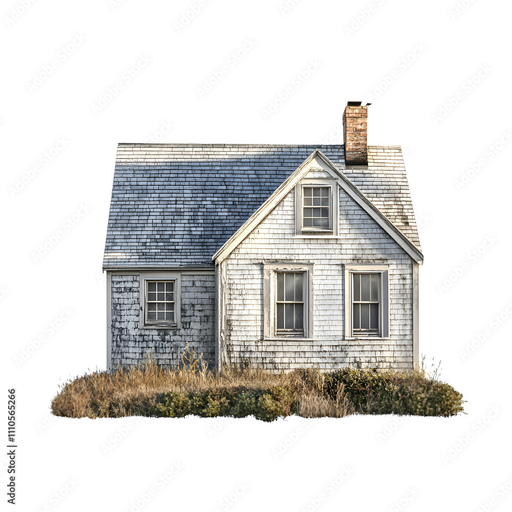 Poster weathered house with peeling paint and overgrown bushes, ideal for architectural visualization or de