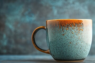 Rustic Ceramic Mug on Weathered Wooden Tabletop with Textured Background