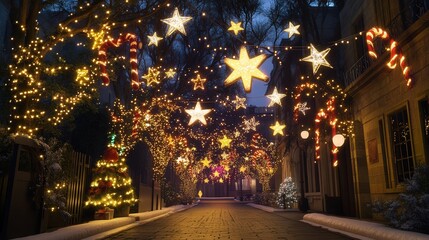 Fototapeta premium A charming street decorated with brilliant Christmas lights, showcasing glowing stars, snowflakes,