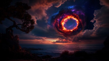 Fototapeta premium Celestial Ring over Coastal Sunset: A Fantasy Seascape