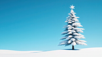 A solitary snow-covered Christmas tree stands against a clear blue sky, creating a serene winter scene.