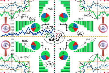 Base de datos múltiple. Tabla con gráfica de mercado, finanza, economía y bolsa con fórmulas, porcentajes, vectores y análisis gráfico
