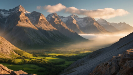 Majestic mountain landscape with valleys and clouds at sunrise in nature