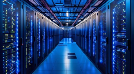 Obraz premium A data center with rows of servers, symbolizing AI processing power 