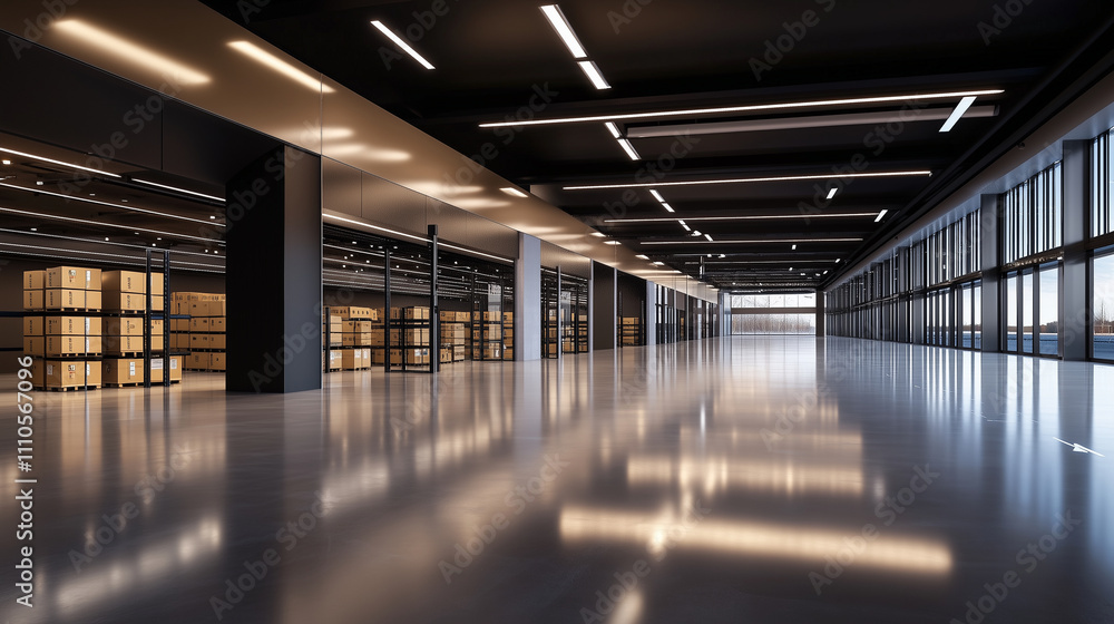 Poster a sleek and modern logistics hub with barcoded boxes neatly arranged on racks, emphasizing streamlin