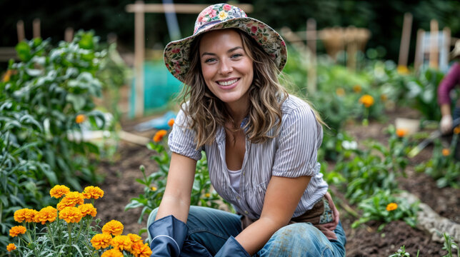 femme souriante en train de jardiner dans son potager avec un chapeau