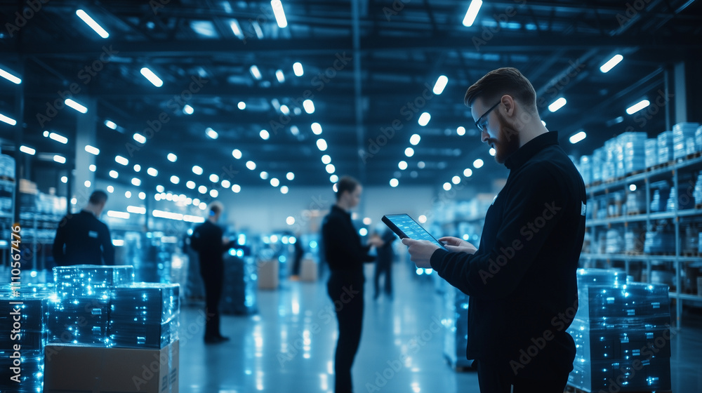 Poster workers scanning items with handheld devices in a spacious, efficiently arranged warehouse with clea
