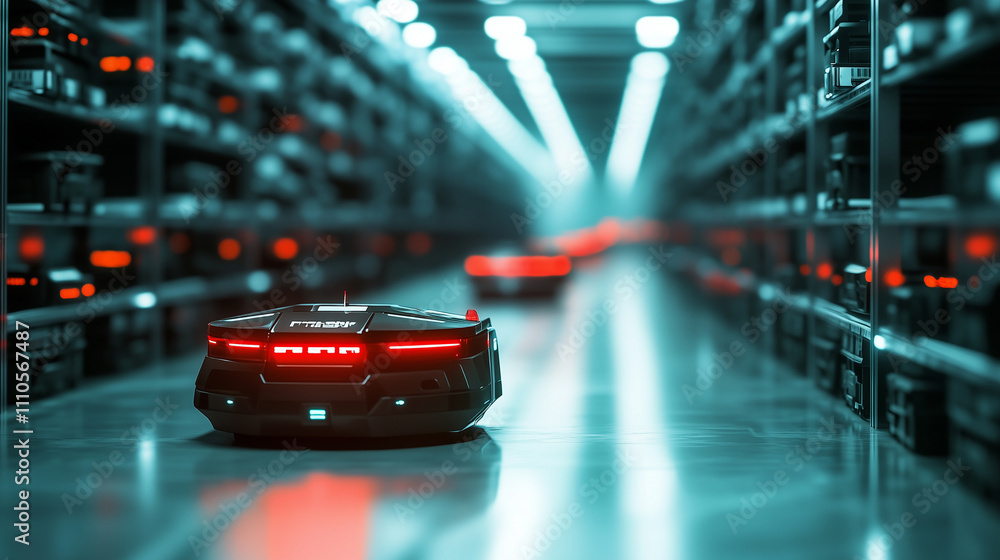 Poster a futuristic warehouse showcasing inventory robots navigating smoothly between well-organized racks 