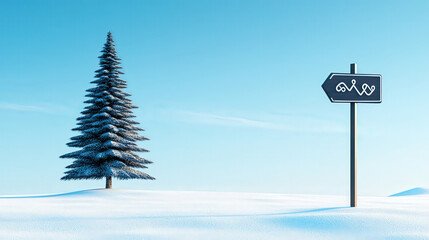 A serene winter landscape featuring a snow-covered ground, a tall evergreen tree, and a directional sign against a clear blue sky.