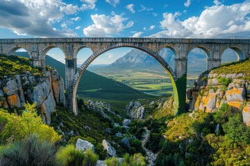 Obraz premium A dramatic arch bridge with a panoramic viewpoint at the center, offering stunning vistas of a sprawling valley and distant mountains.