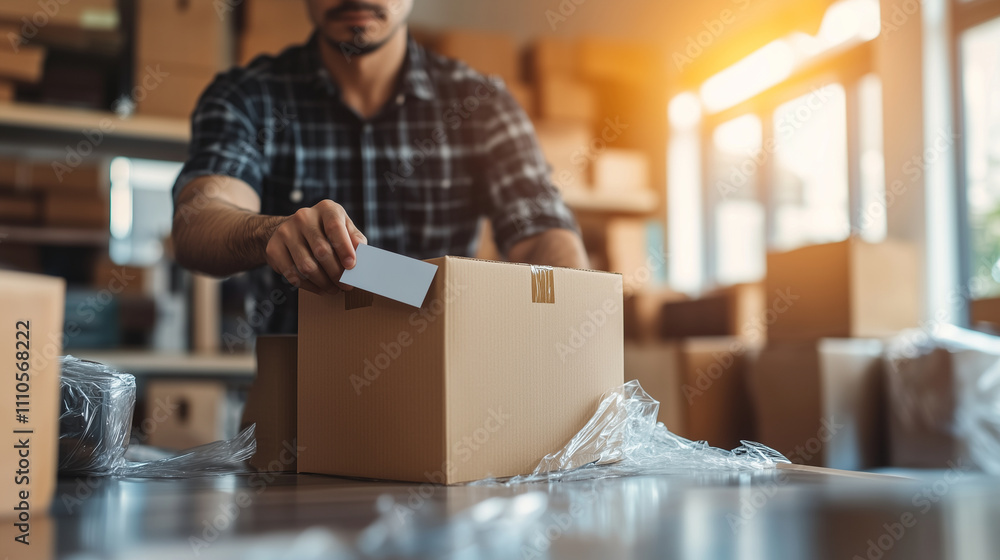 Poster a person carefully packing a box with bubble wrap and adding a shipping label, surrounded by other p