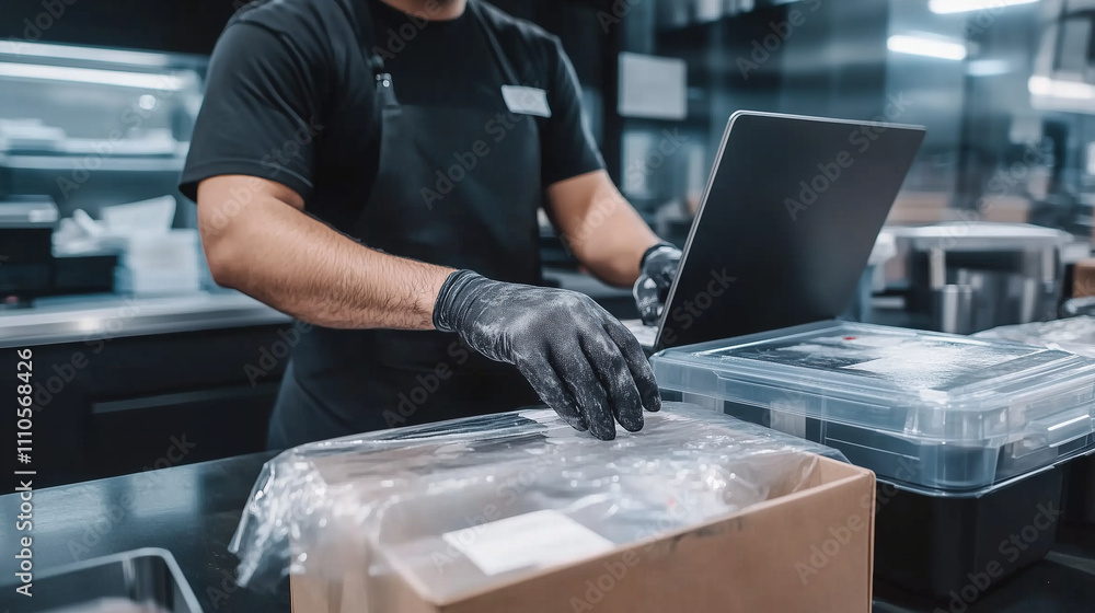 Aufkleber a modern workspace with a person sealing a box for return, with clear shipping labels and a laptop d