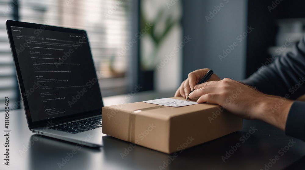 Aufkleber a modern workspace with a person sealing a box for return, with clear shipping labels and a laptop d