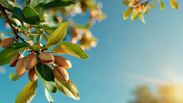 Close-up of pistachios growing on a tree branch against a clear blue sky harvest, nature