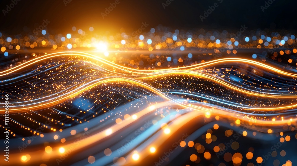 Poster glowing abstract golden waves flowing through digital space high-tech visualization futuristic envir