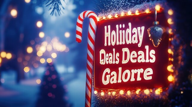 A Christmas promotional sign with a glowing red and white candy cane border, showcasing "Holiday Deals Galore" in bright letters.