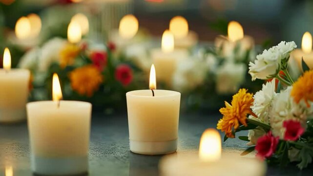 Lit candles surrounded by colorful flowers, symbolizing serenity and remembrance, suitable for Diwali or funerals
