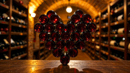 Heart-Shaped Wine Bottle Arrangement in Romantic Wine Cellar for Valentine’s Day Celebration – Elegant and Cozy Ambiance for Lovers