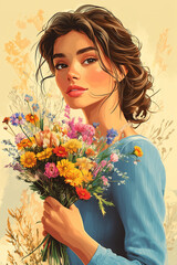 Naklejka premium Young woman with wildflower bouquet in pastel floral background