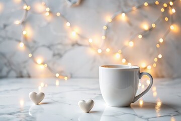 Obraz premium Romantic Valentine’s Day Coffee Cup Mockup on White Marble with Soft Glowing Hearts in the Background – Perfect for Love-Themed Marketing and Product Displays