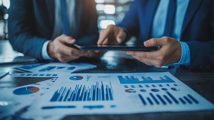 Collaborative business strategy meeting with digital technology for data analysis and modern planning