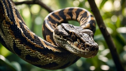 Obraz premium Close-up of a majestic python snake with a curious expression in a lush green setting