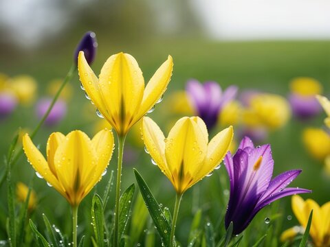 Bright yellow and purple flowers with dew drops in a vibrant spring meadow - Powered by Adobe