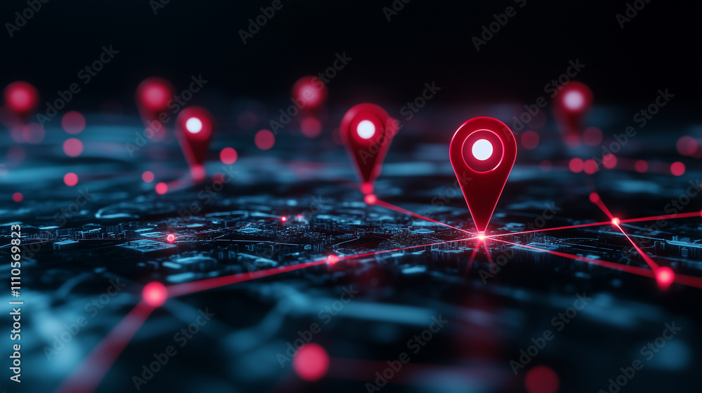 Poster A detailed 3D cityscape map with red location pins rising above buildings, connected by bright network lines visualizing GIS data connections