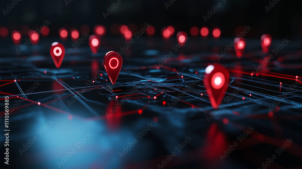 Poster a futuristic 3d world map with illuminated red pins marking key locations, interconnected by sleek, 