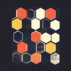 Abstract Geometric Pattern with Hexagons in Bold Colors on Dark Background