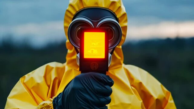 Person in yellow hazmat suit using a Geiger counter, reflecting concepts of safety and science