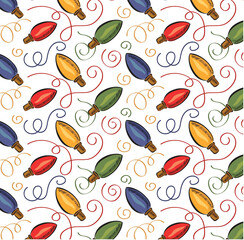 Pattern of Christmas lights in trendy groovy retro style. String of colorful holiday lights. Happy New year and Merry Christmas seamless background. 70s Vibes groovy bulbs. Vector wallpaper.