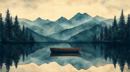 Serene Mountain Lake  Calm Water  Rowboat  Misty Peaks