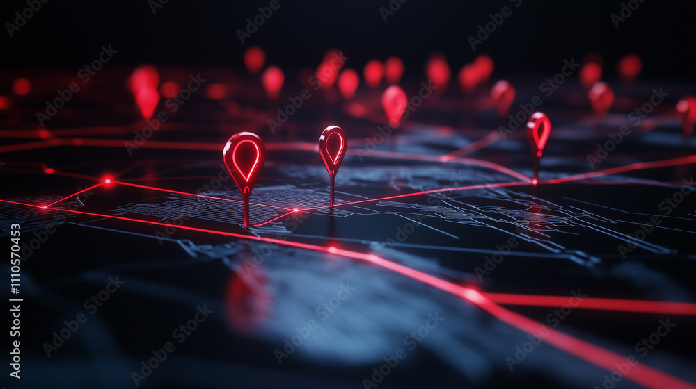 Poster a modern 3d map with red pins and curved, neon-style lines connecting them, symbolizing gis mapping 