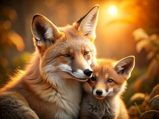 Obraz premium Serene Moment: A Long Exposure Capture of a Fox Parent and Cub Snuggled Together in a Cozy Embrace, Eyes Closed, Resting Peacefully in a Tranquil Natural Setting