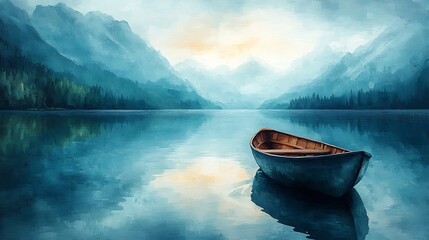 Serene Mountain Lake Landscape with Rowboat  Peaceful Nature Scene