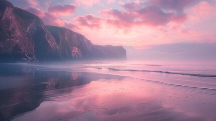 Breathtaking sunset seascape with dramatic mountain cliffs serene ocean waves and vibrant colorful sky reflecting on the calm water surface  Picturesque coastal landscape scenery in a tranquil