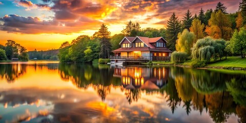 Fototapeta premium Serene Waterfront Property at Golden Hour Surrounded by Lush Trees and Calm Waters, Capturing the Beauty of Nature in Tranquil Landscape Photography