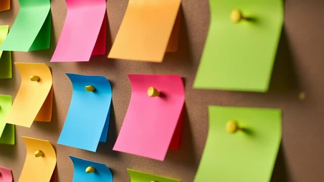 Colorful sticky notes on a corkboard symbolize organization and productivity, ideal for Back-to-School and Office themes
