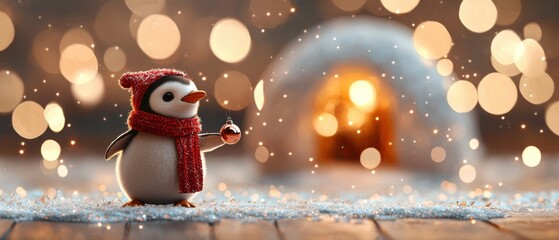 A adorable animal Christmas themed, A cute penguin in a red scarf stands in the snow, with a cozy igloo in the background and soft bokeh lights glowing around, creating a whimsical winter scene.
