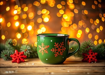 Fototapeta premium Silhouette of a Green Christmas Mug with Red Snowflakes Against a Glowing Background Perfect for Holiday Themes and Festive Decor Ideas