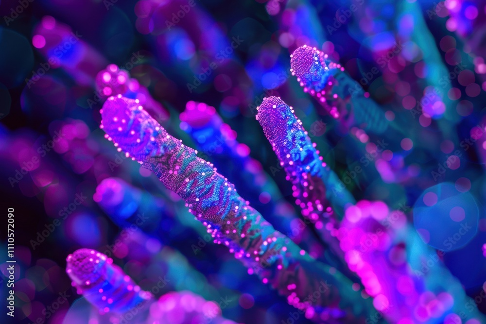 Poster a high-resolution image of fluorescently labeled bacterial cells, displaying distinct fluorescent ma