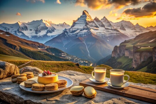 Silhouette of Swiss Biberli with Marzipan Against a Backdrop of Picturesque Alpine Landscapes and Majestic Snowcapped Peaks at Sunset, Evoking a Sense of Tranquility and Indulgence
