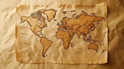 Vintage world map on crumpled paper.