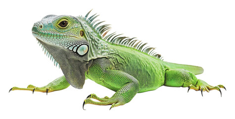 Bright green iguana resting on a surface, cut out - stock png.