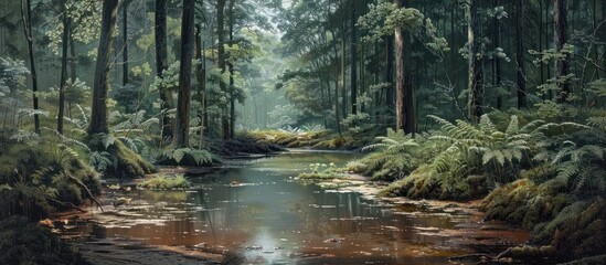 Obraz premium Mystical forested river flowing through a lush verdant landscape with towering trees ferns and moss covered rocks in a tranquil serene and atmospheric scene The calm