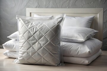 Soft Pillow in Grey Plastic Retail Bag with White Pillow Package Isolated on Bedspread, Showcasing Modern Packaging Concepts in Conceptual Photography
