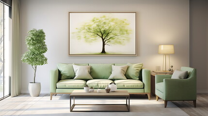 Modern living room with vacant white wall and beige couch,. Generative AI